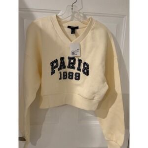 Forever 21 Paris 1999 Graphic‎ Cropped Sweatshirt V-Neck Cream Medium